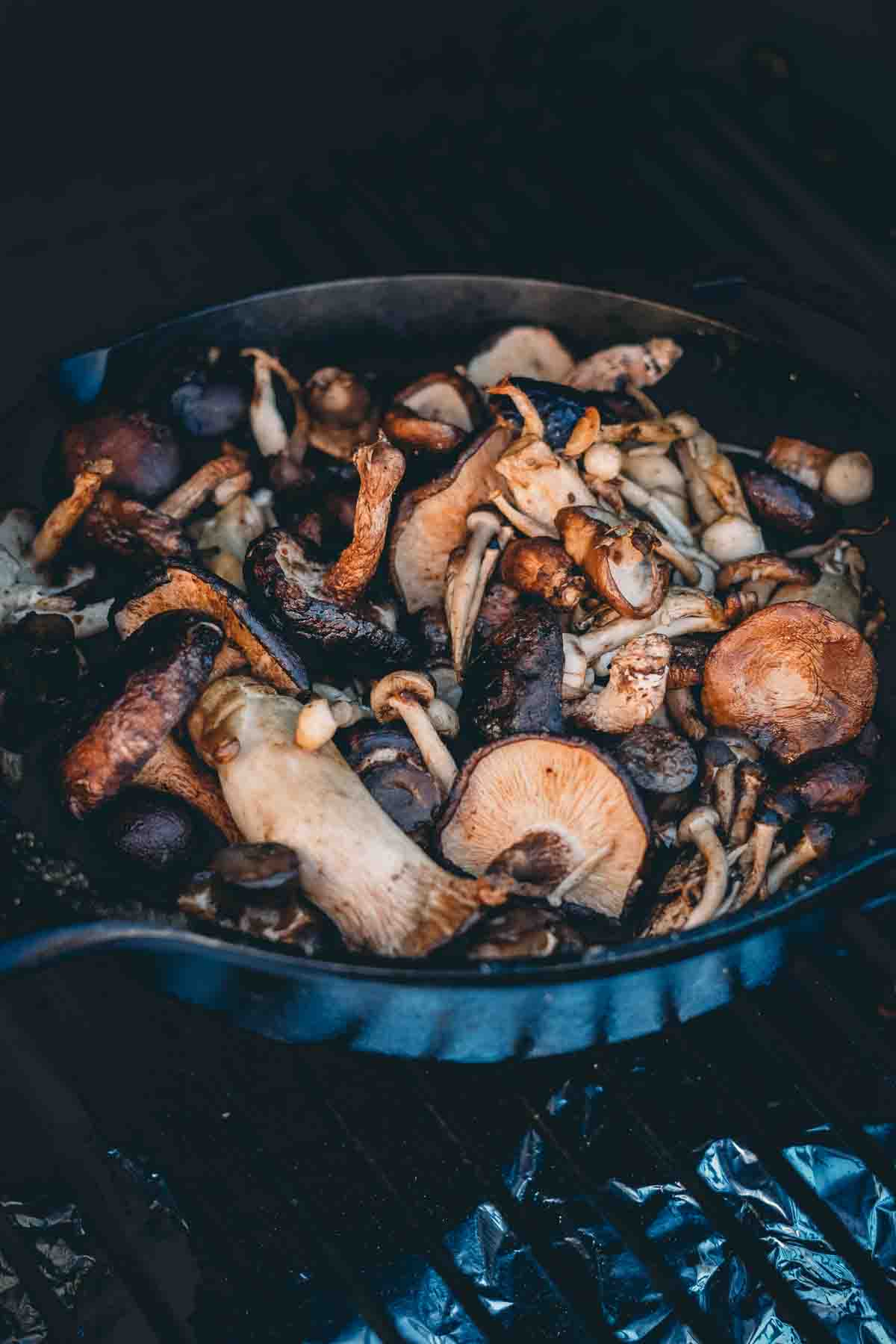 Blend of mushrooms in a skillet on the grill.