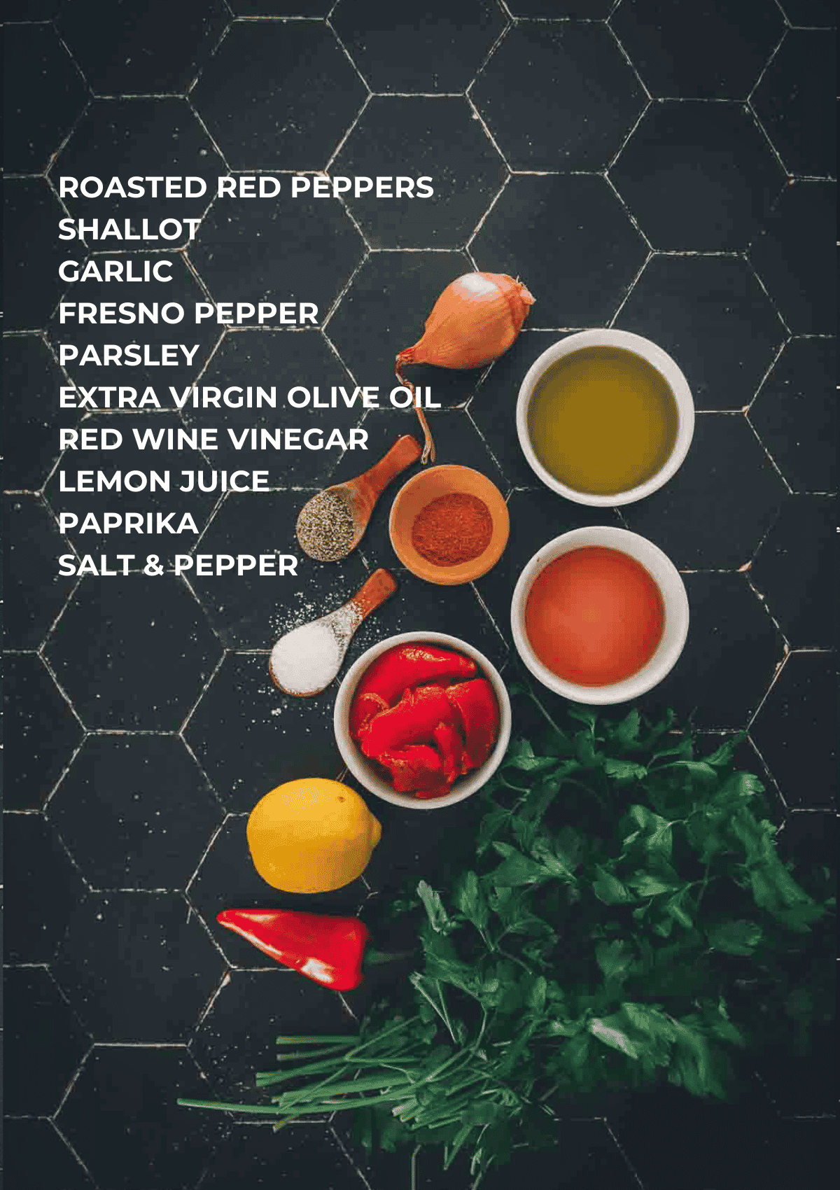 Ingredients for red chimichurri, aka rojo chimichurri. 