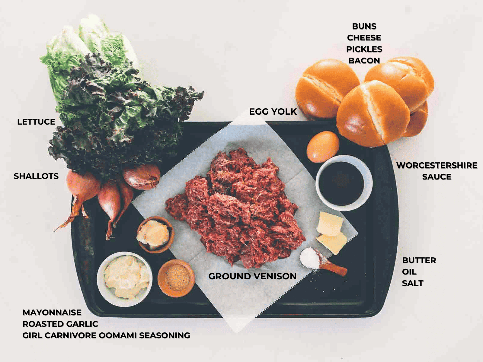 Ingredients for ground venison burgers. 
