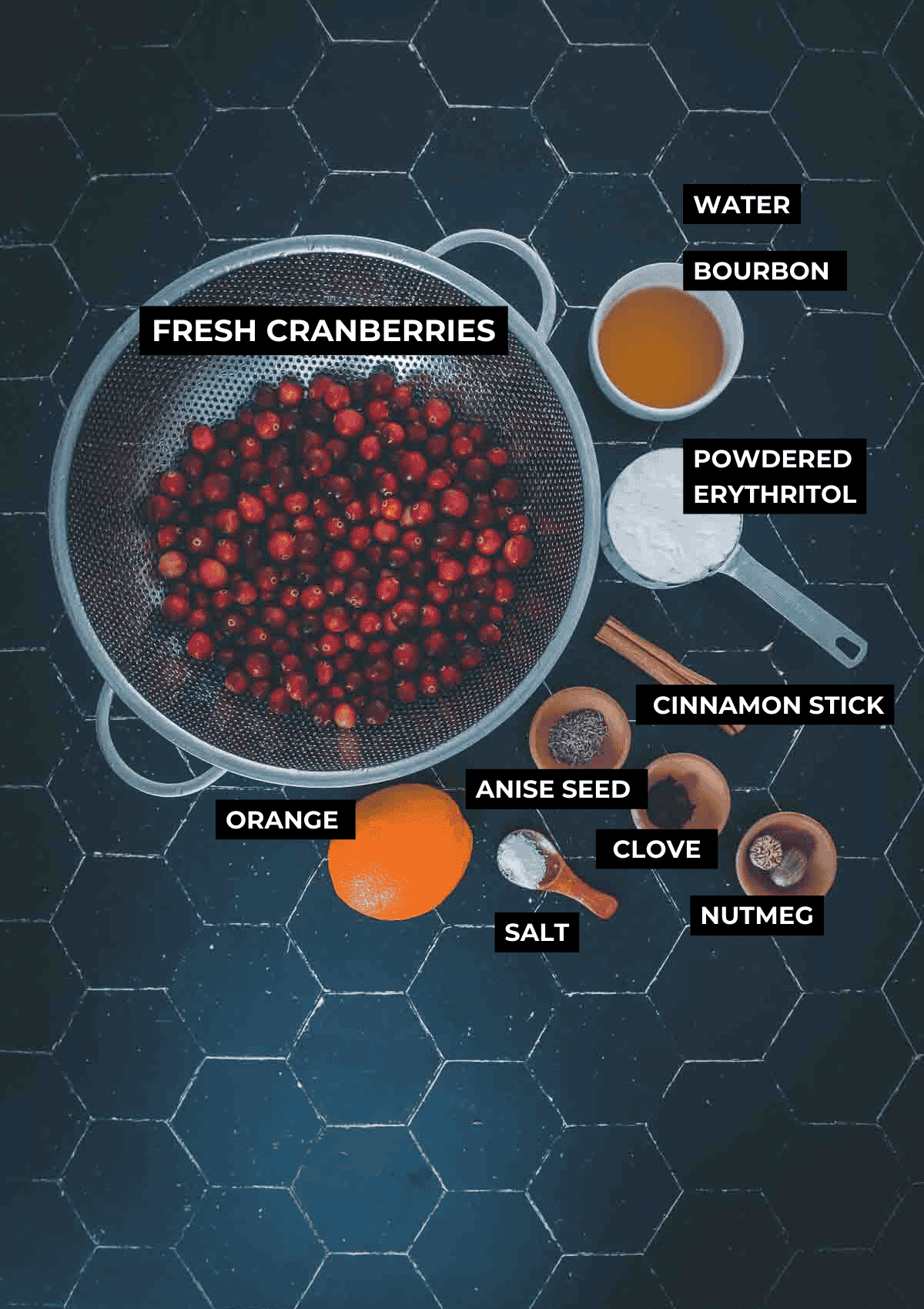 Ingredients for keto cranberry sauce on a black background. 