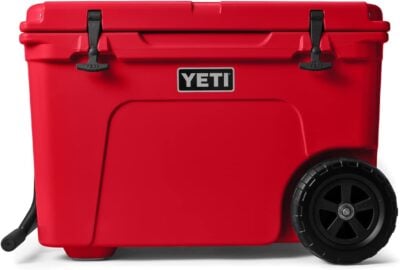 Yeti cooler with wheels, perfect for grilling gifts, showcased on a white background.