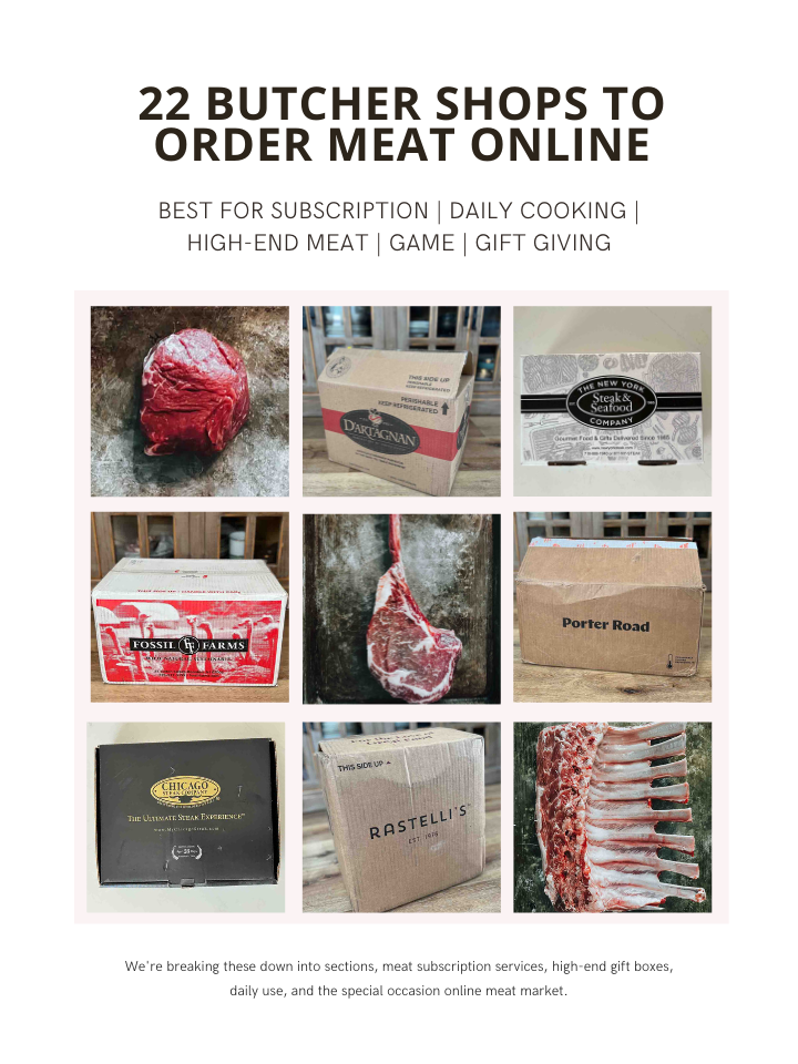 Collage of meat boxes and cuts for ordering meat online. 