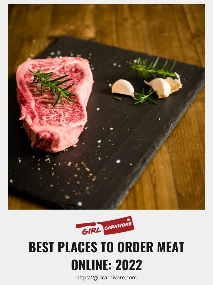 Title image with a steak on a slate  board for ordering meat online. 