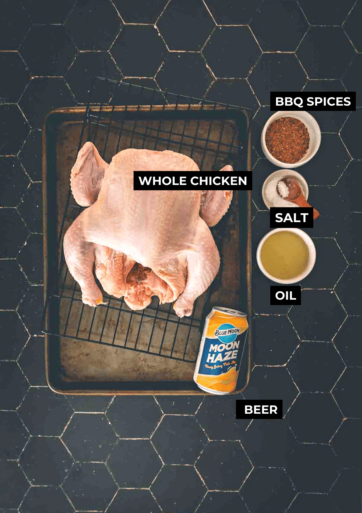 Ingredients for smoked beer can chicken on a board. 