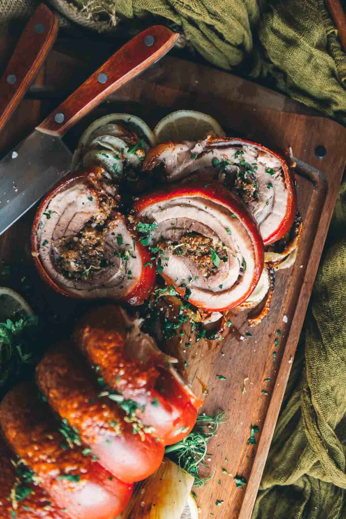 3 slices of crisp pork belly wrapped around tender meat stuffed with panko herb filling.  