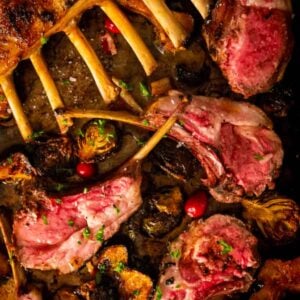 Roasted lamb with brussels sprouts and brussels sprouts.