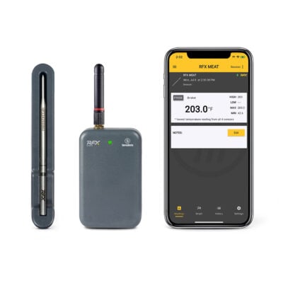 Perfect for grilling enthusiasts, this digital meat thermometer set includes a probe, wireless transmitter, and smartphone display for accurate temperature readings. It's an ideal addition to your collection of grilling gifts.