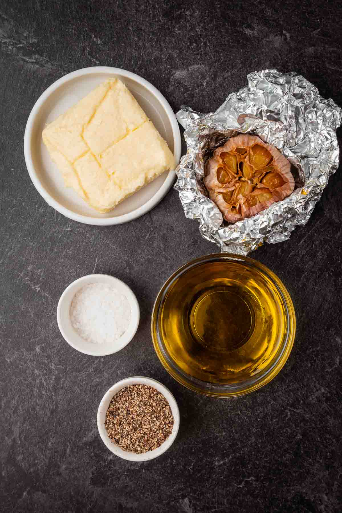 Ingredients for roasted garlic butter.