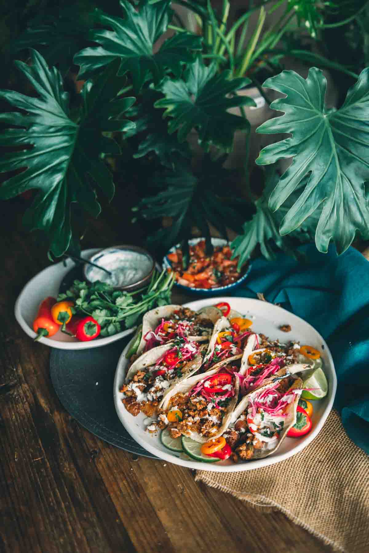 Platter of delicious tacos on a table with lush green plant around for a vibrant setting. 