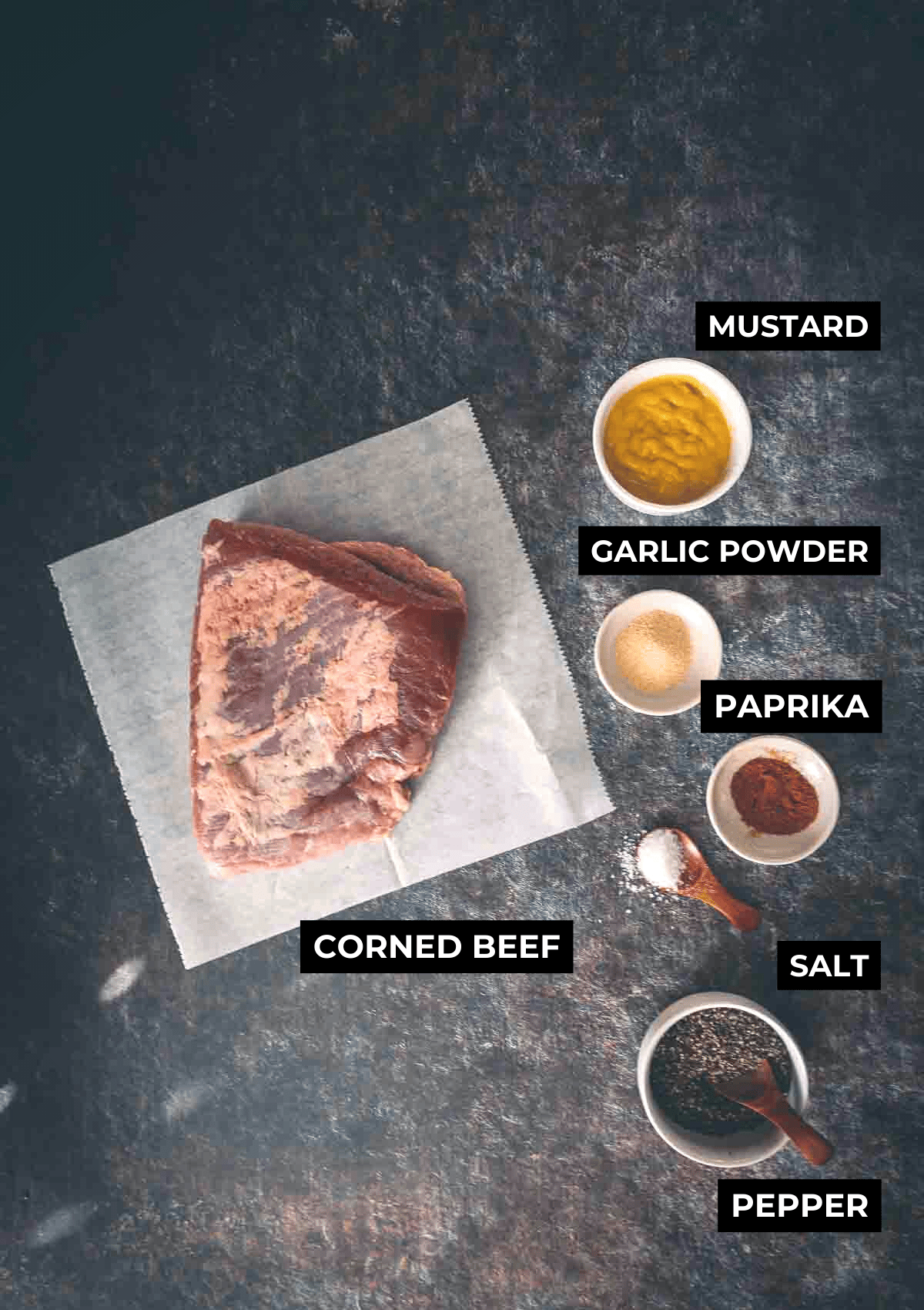Ingredients for smoked corned beef brisket. 