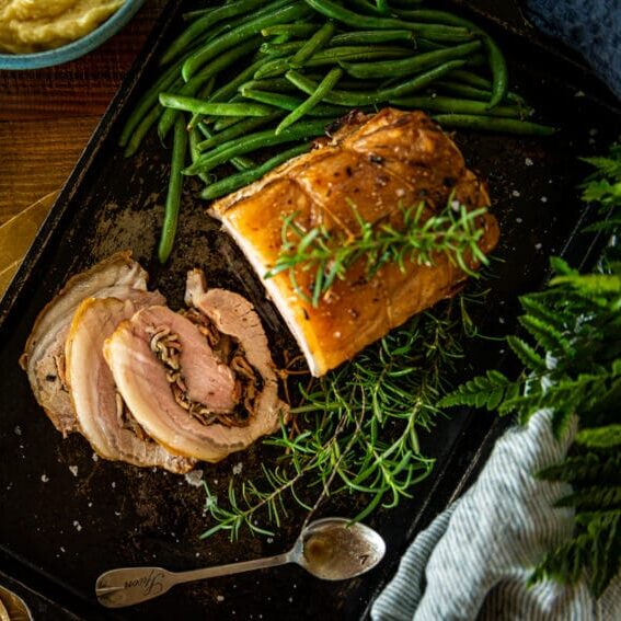 Close up of mushroom stuffed pork loin. 