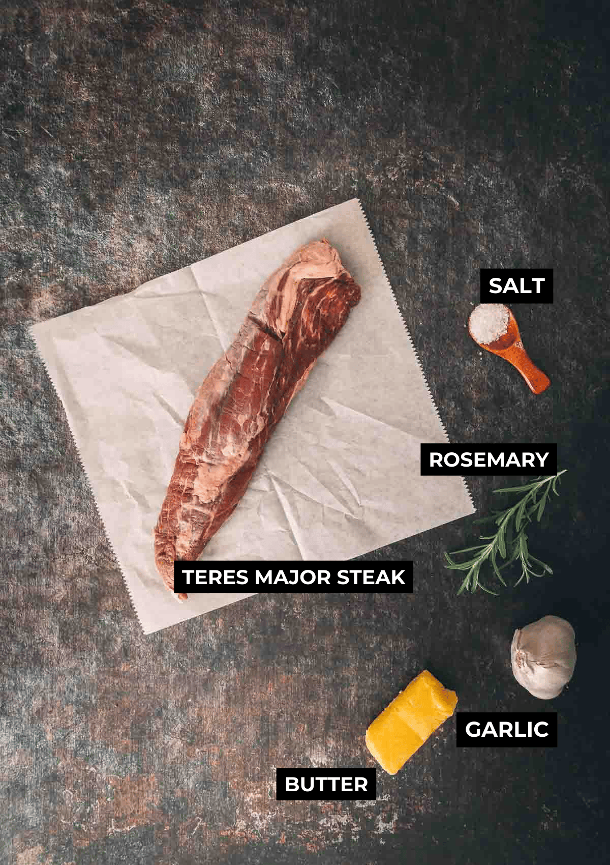 Ingredients for cooking teres major stak. 