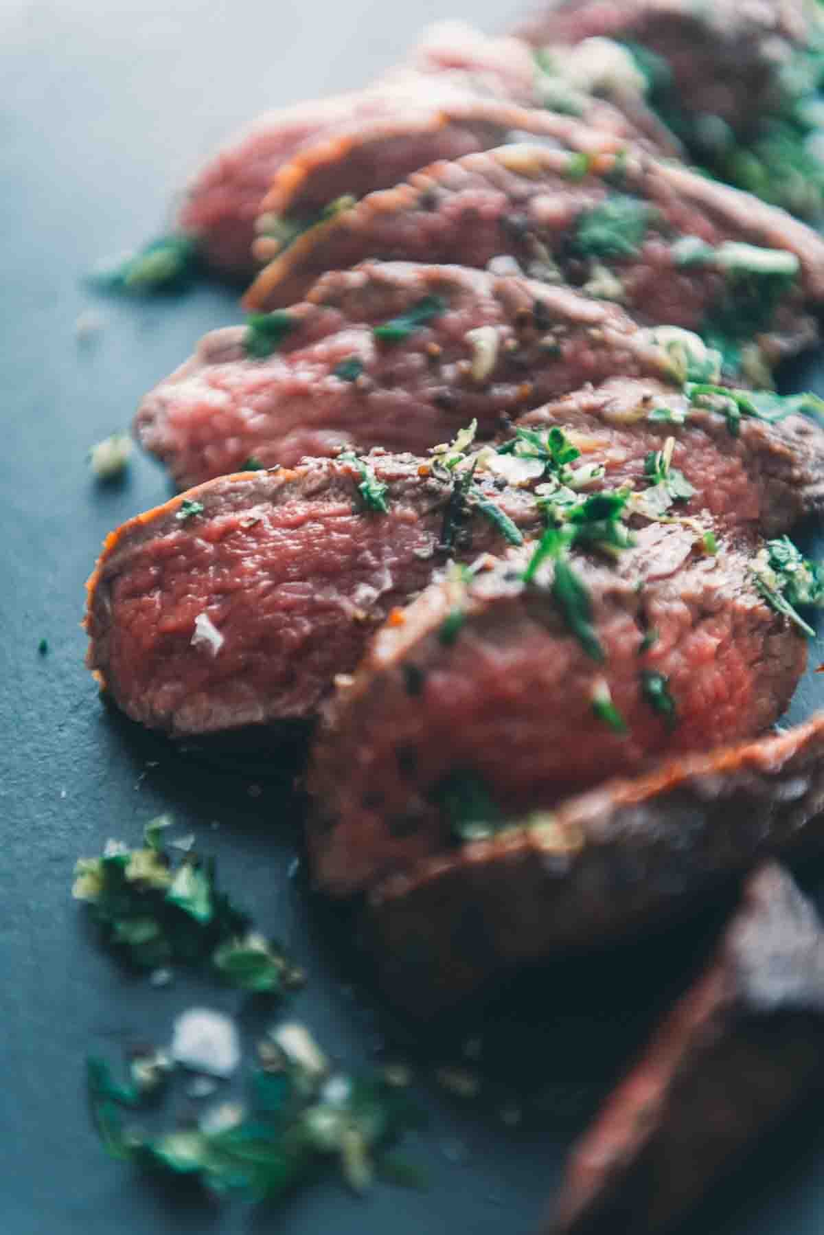 Sliced cooked steak. 