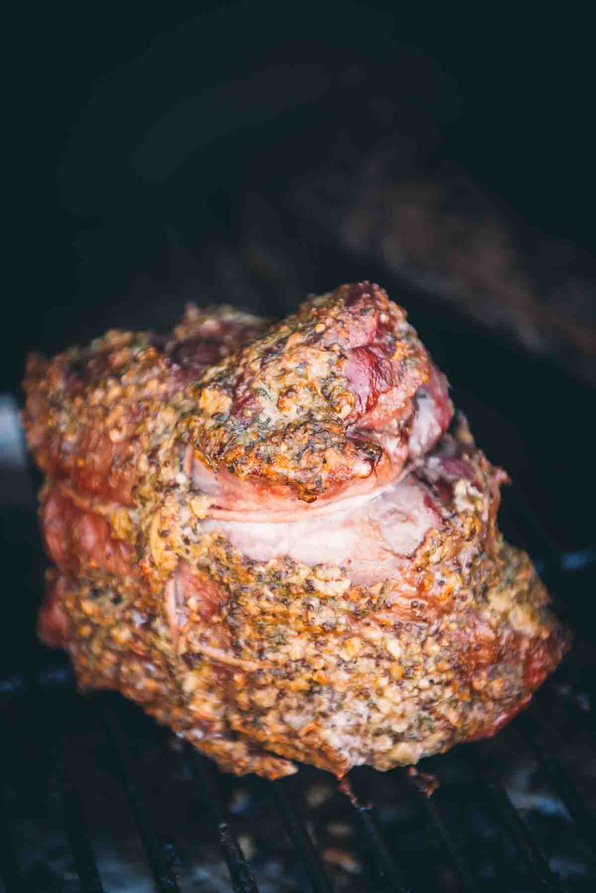 Lamb roast with color from smoker. 