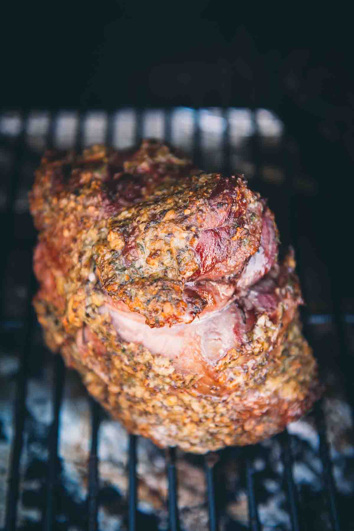 Smoked leg of lamb ready to come off the smoker. 