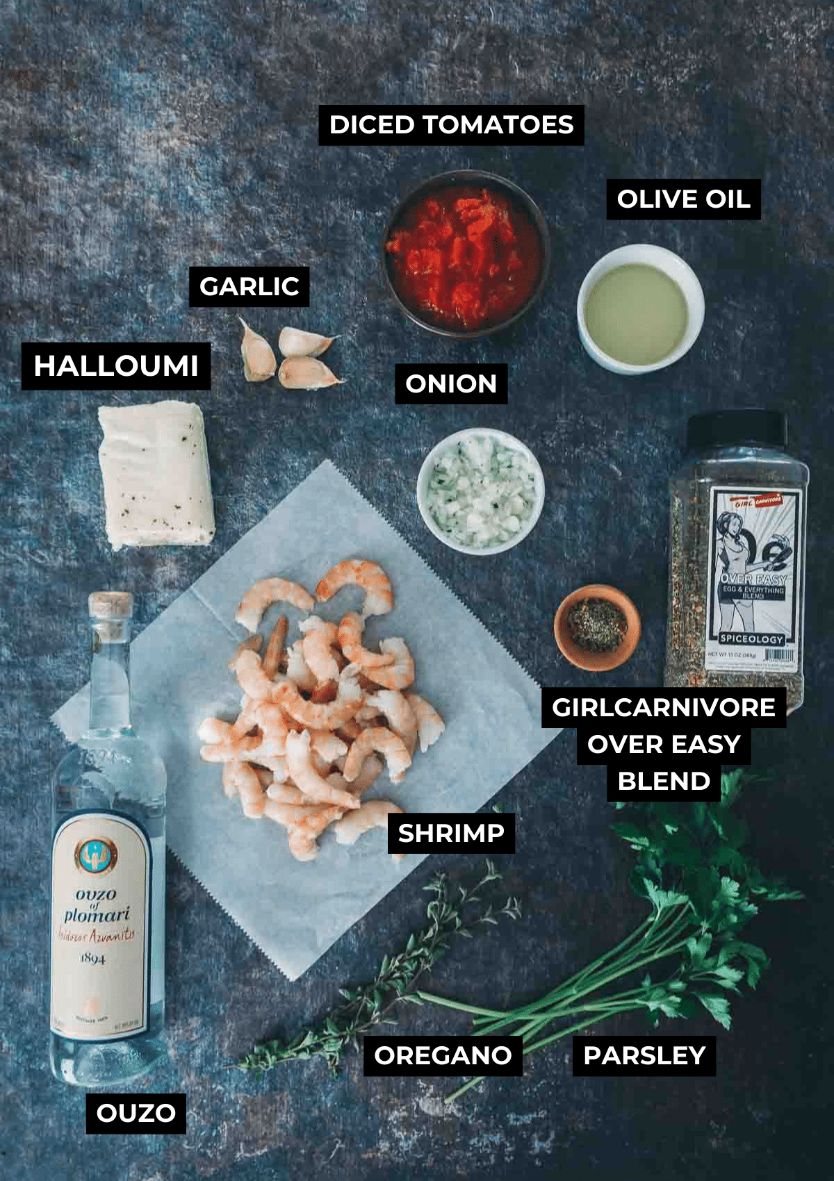Ingredients for Greek shrimp.