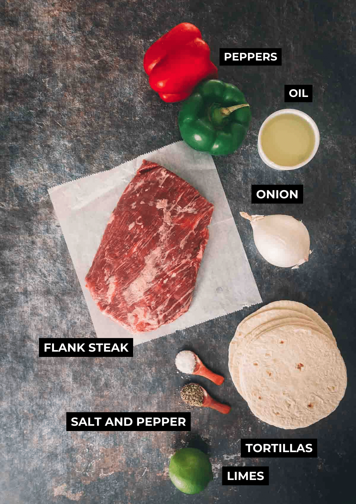 Ingredients for flank steak tacos. 