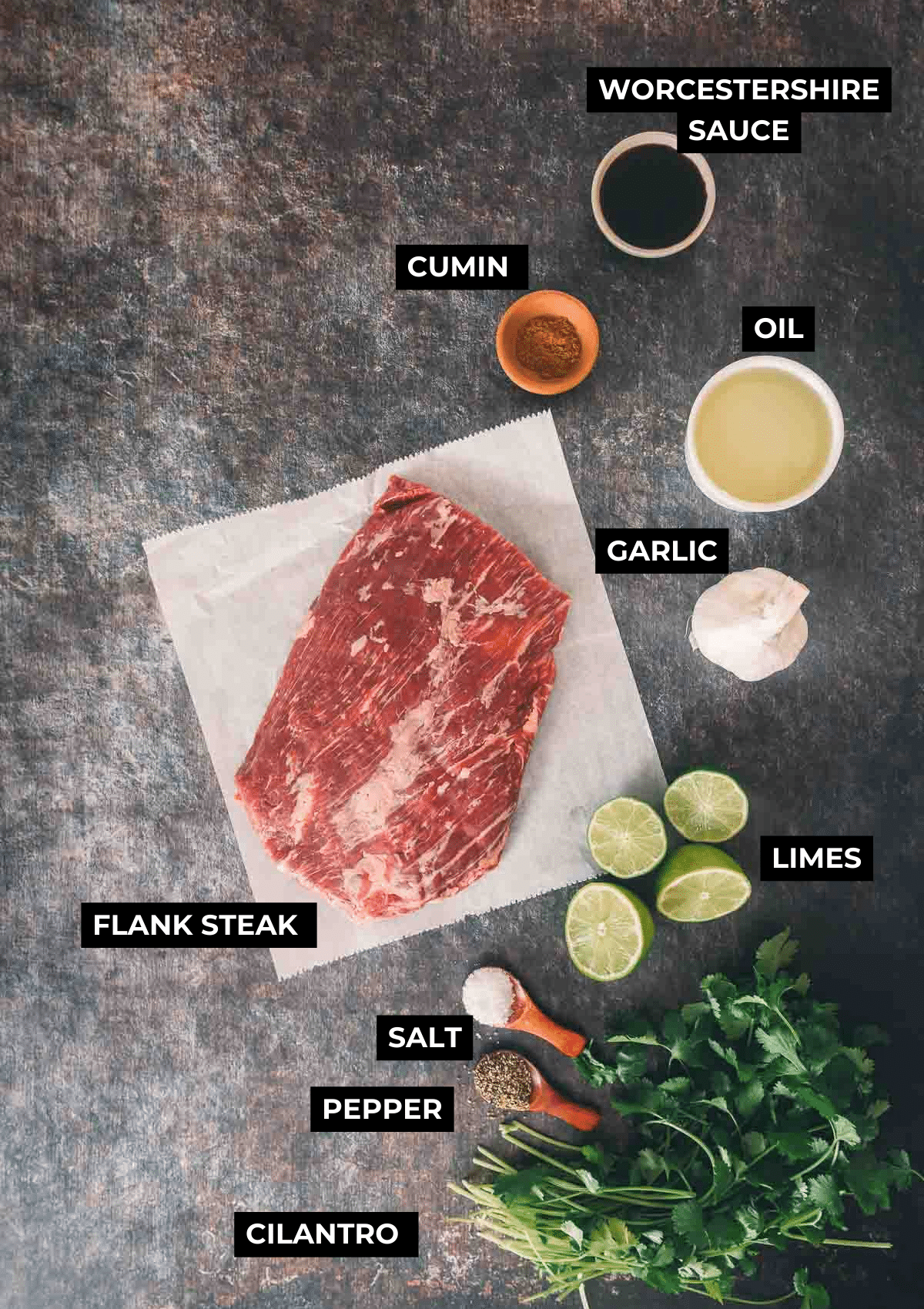 Ingredients for flank steak marinade on a board. 
