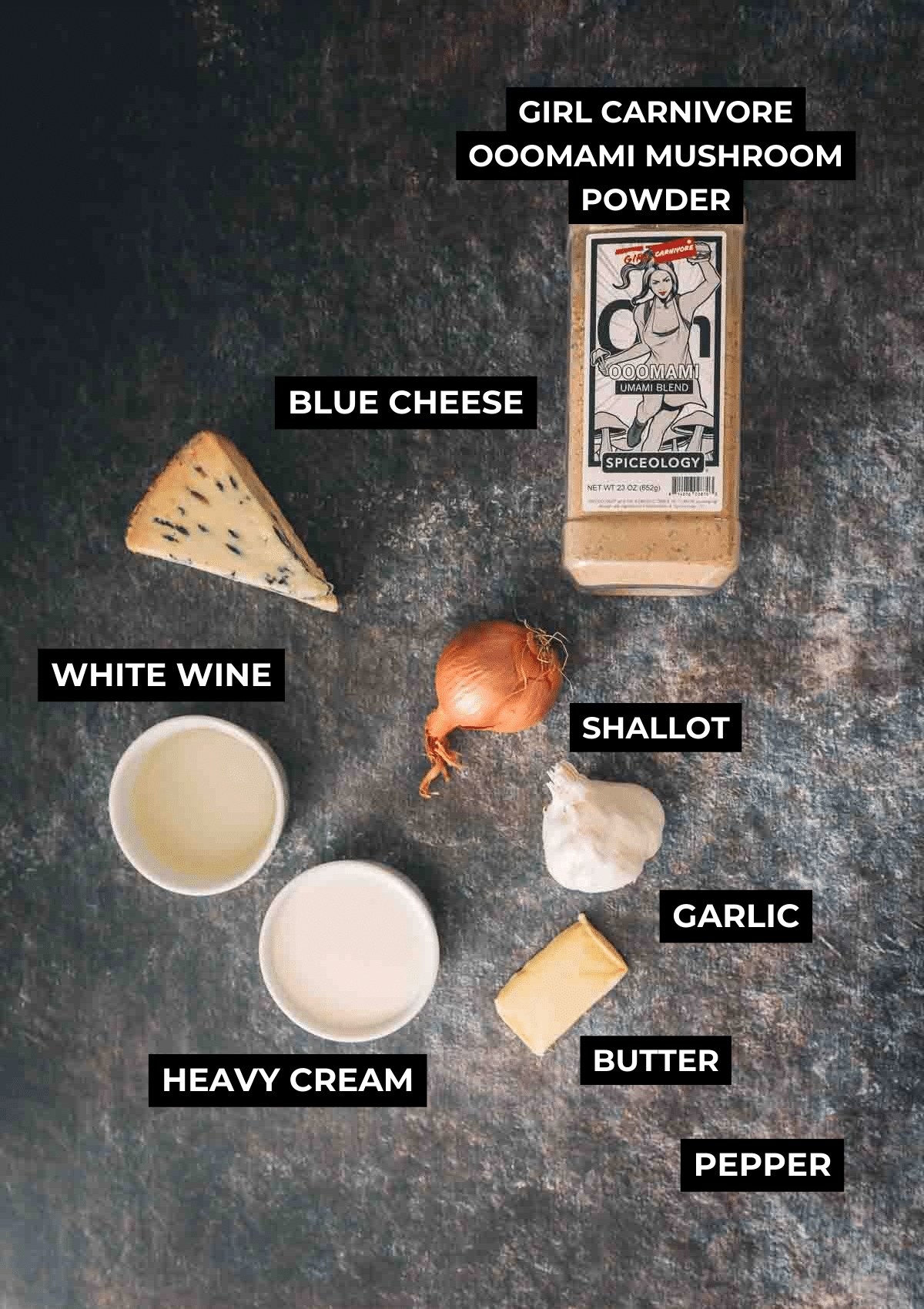 Ingredients for blue cheese sauce on a board. 
