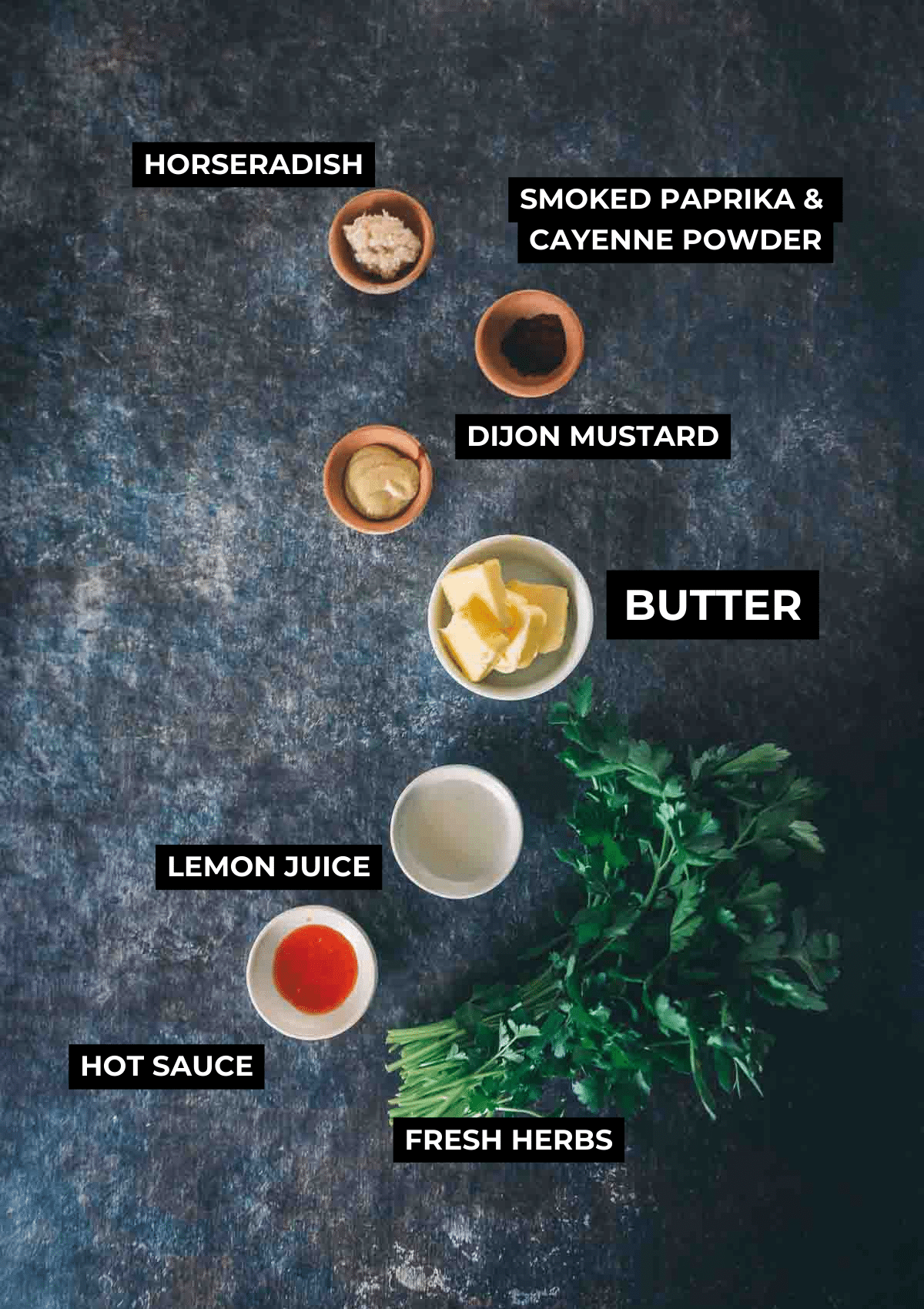 Ingredients arranged on a rustic surface.  