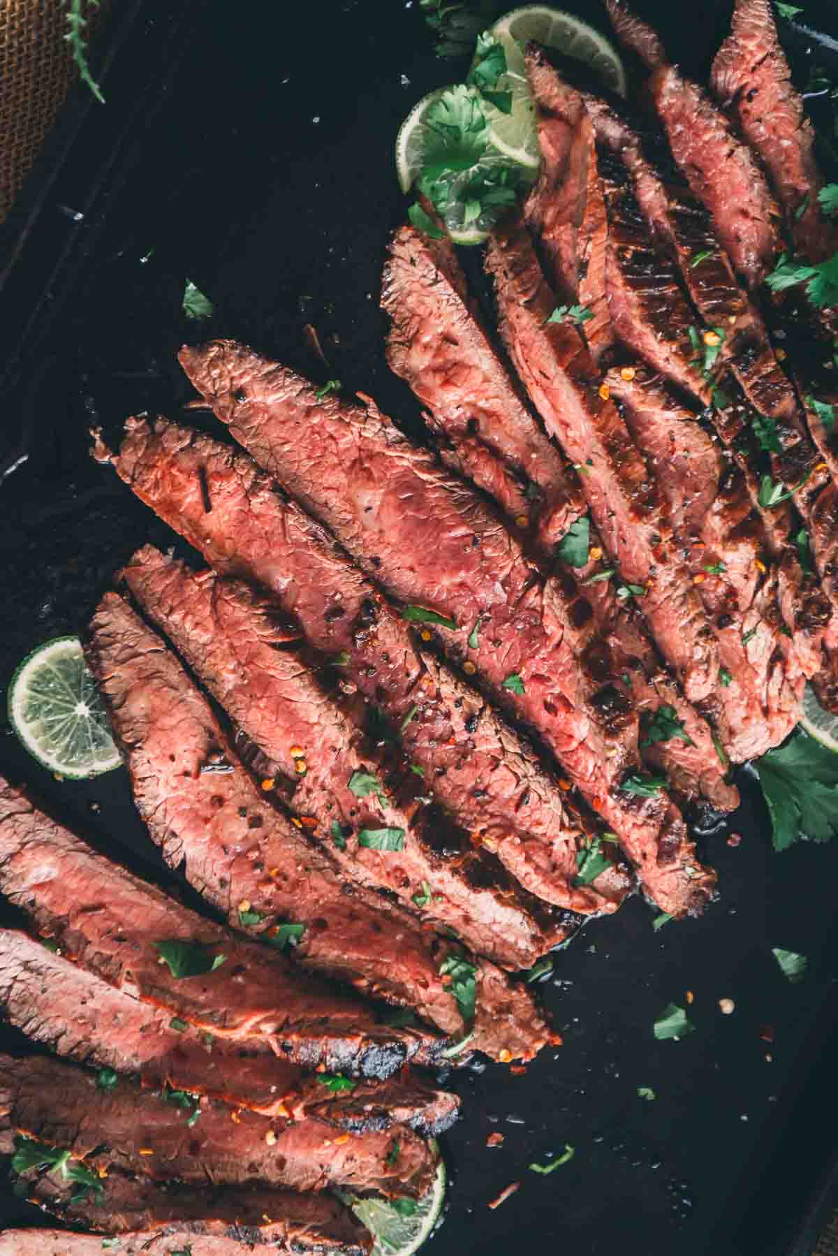 Close up of sliced flank steak. 