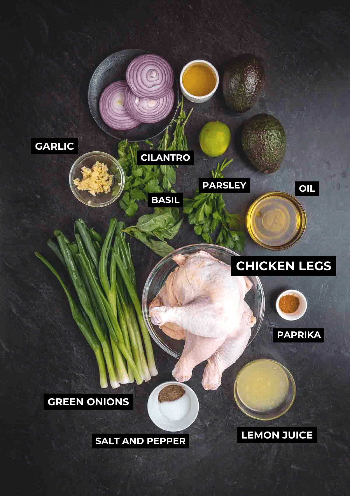 Ingredients for chicken marinade on a board.