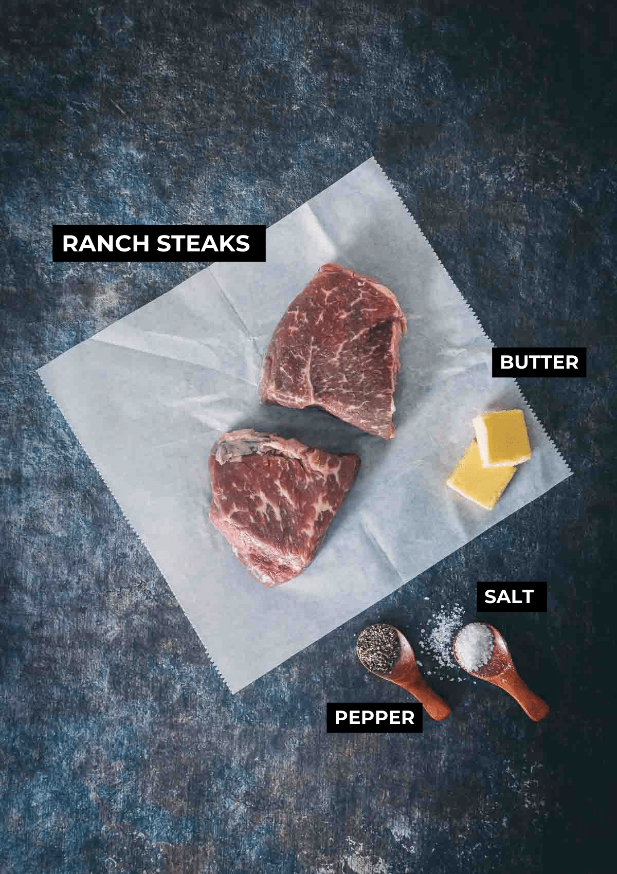 Ingredients for this pan seared steak recipe. 