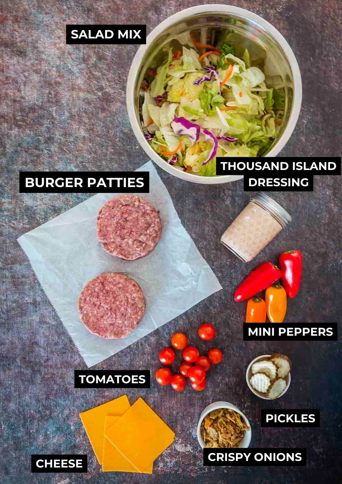 Ingredients for this keto big mac salad recipe