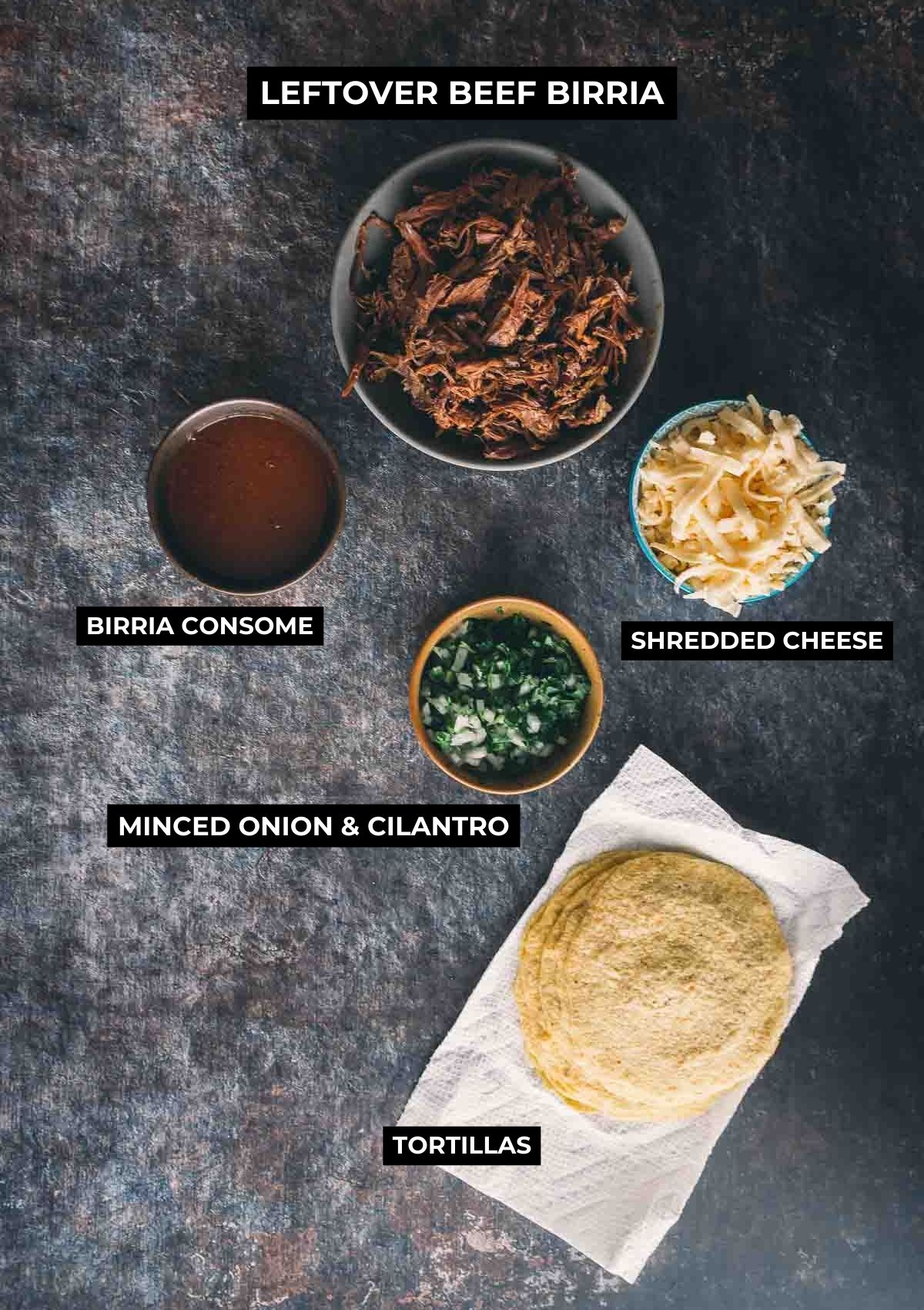 Ingredients for beef birria quesadillas.
