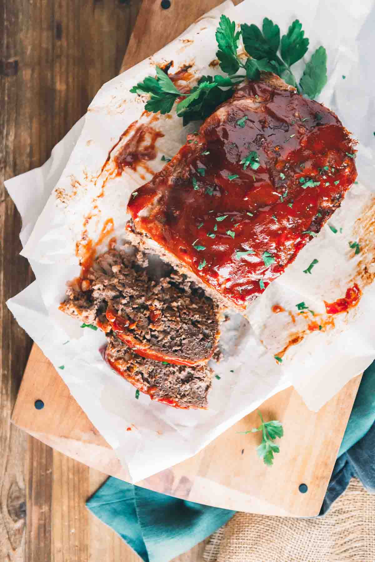 Overhead of glazed meatloaf.