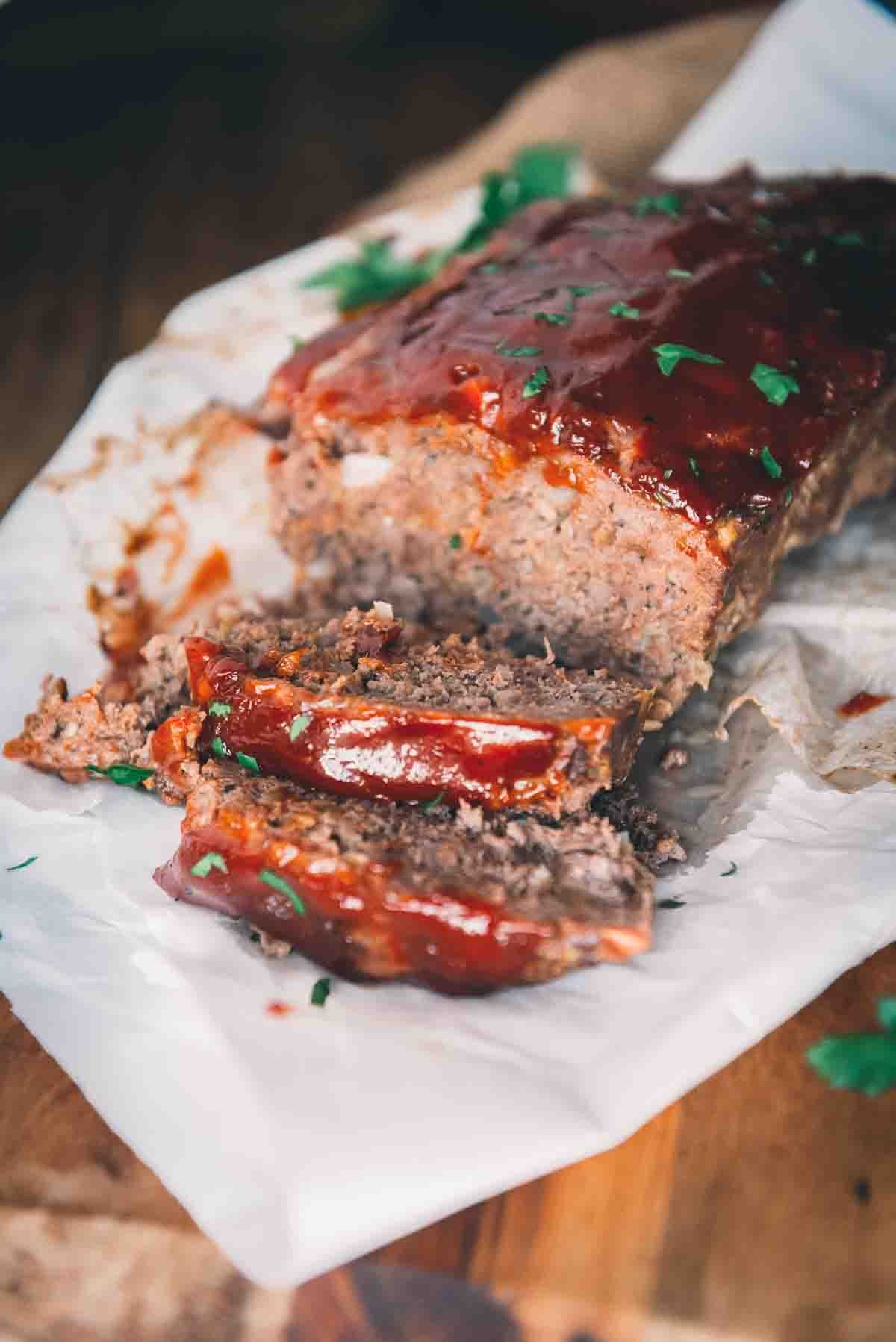 Venison meatloaf sliced.