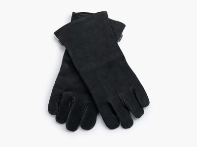 A pair of black leather gloves on a white background.