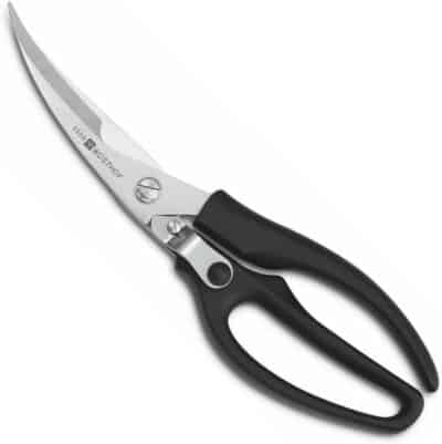 A pair of scissors on a white background.