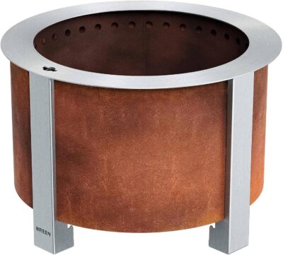 An outdoor fire pit with a metal stand.