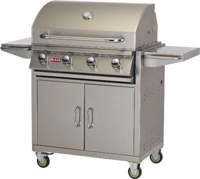 A stainless steel grill with three burners.