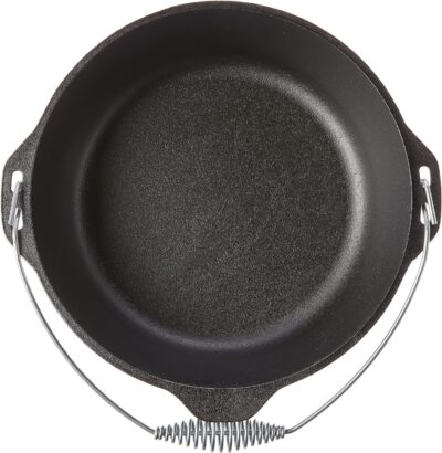 A black cast iron skillet with a handle.