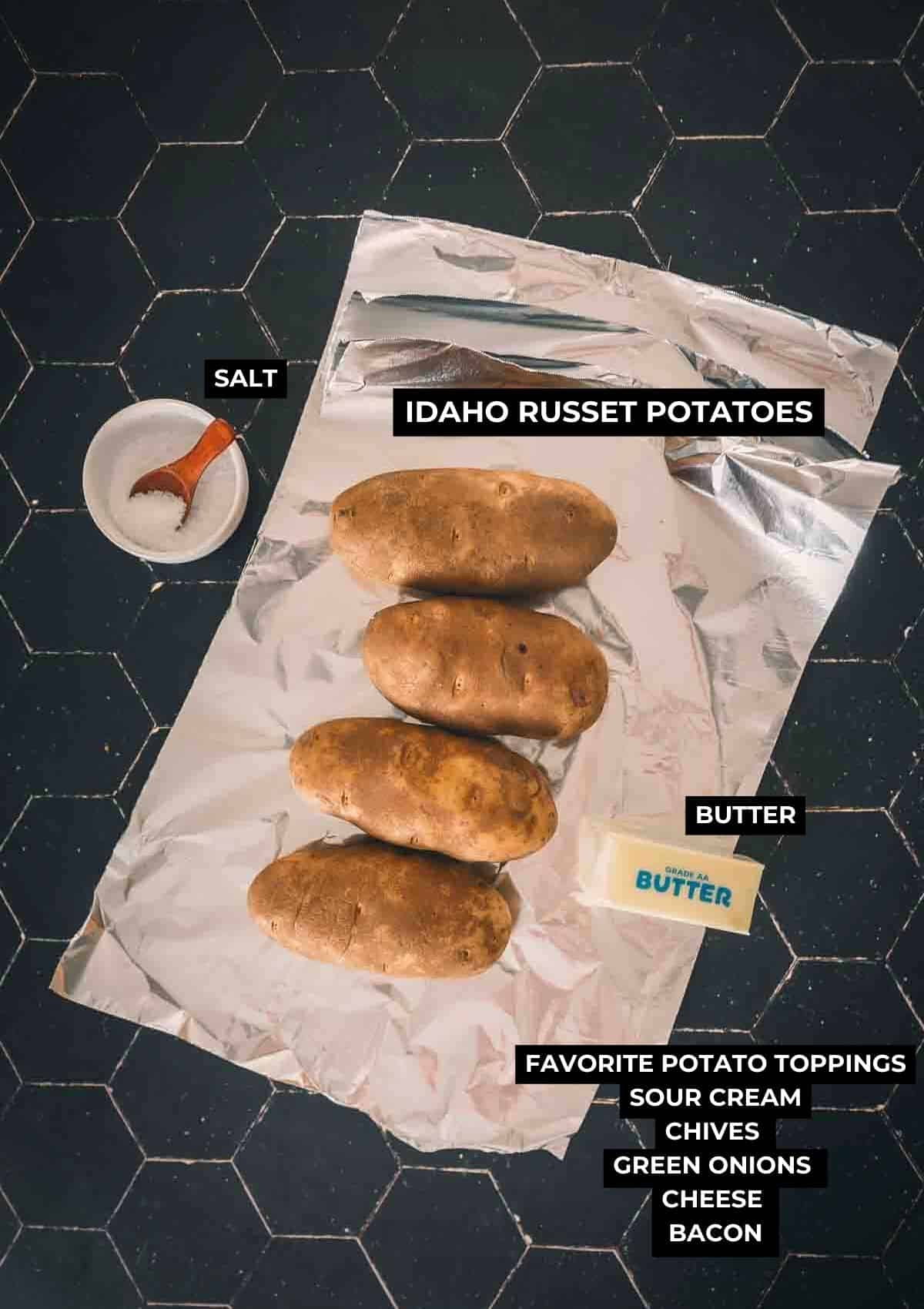 Ingredients for foil wrapped baked potatoes.