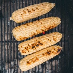 Corn on the grill grate over lit coals.
