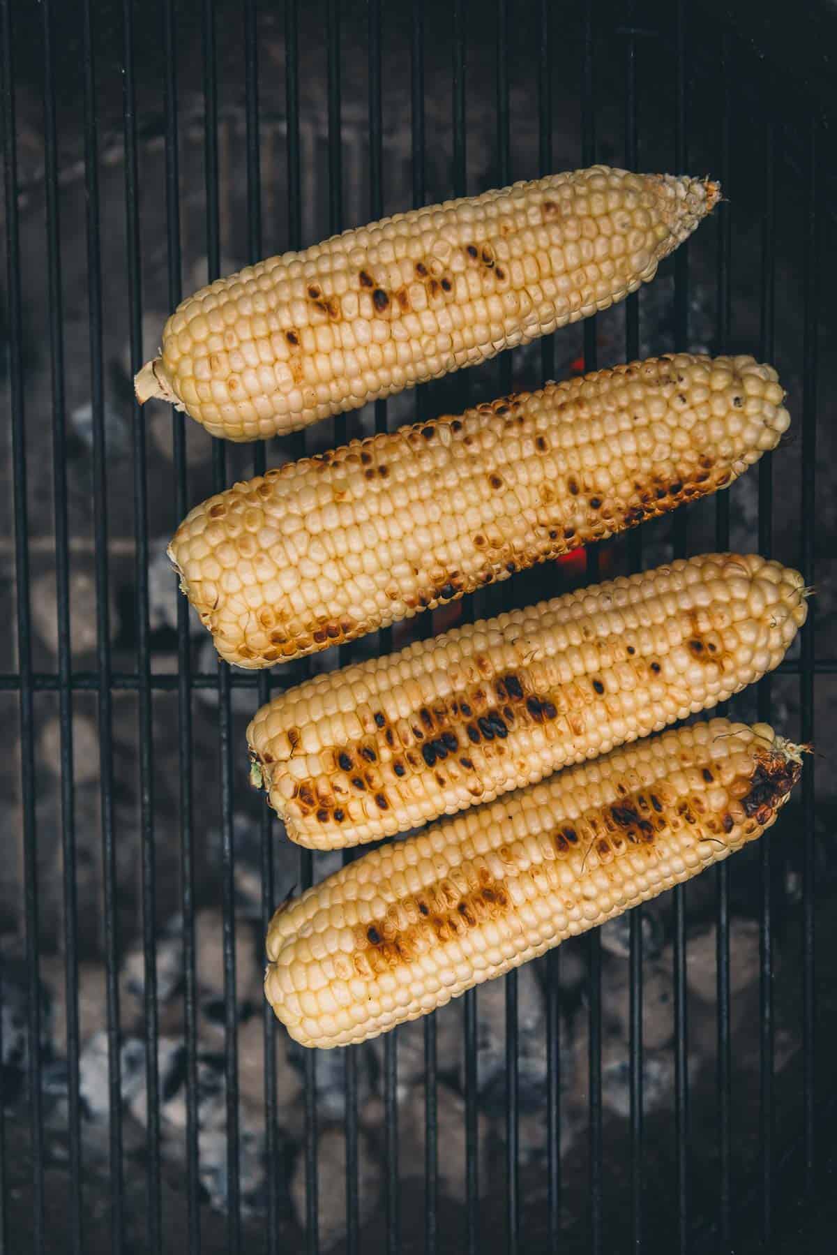 Corn with charred kernels on the grill grates over charcoal. 