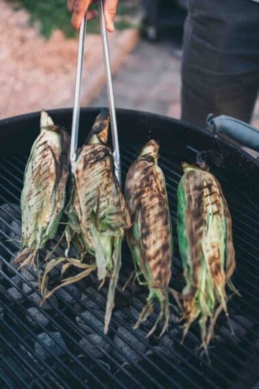 Grilled corn on the cob in the husks.