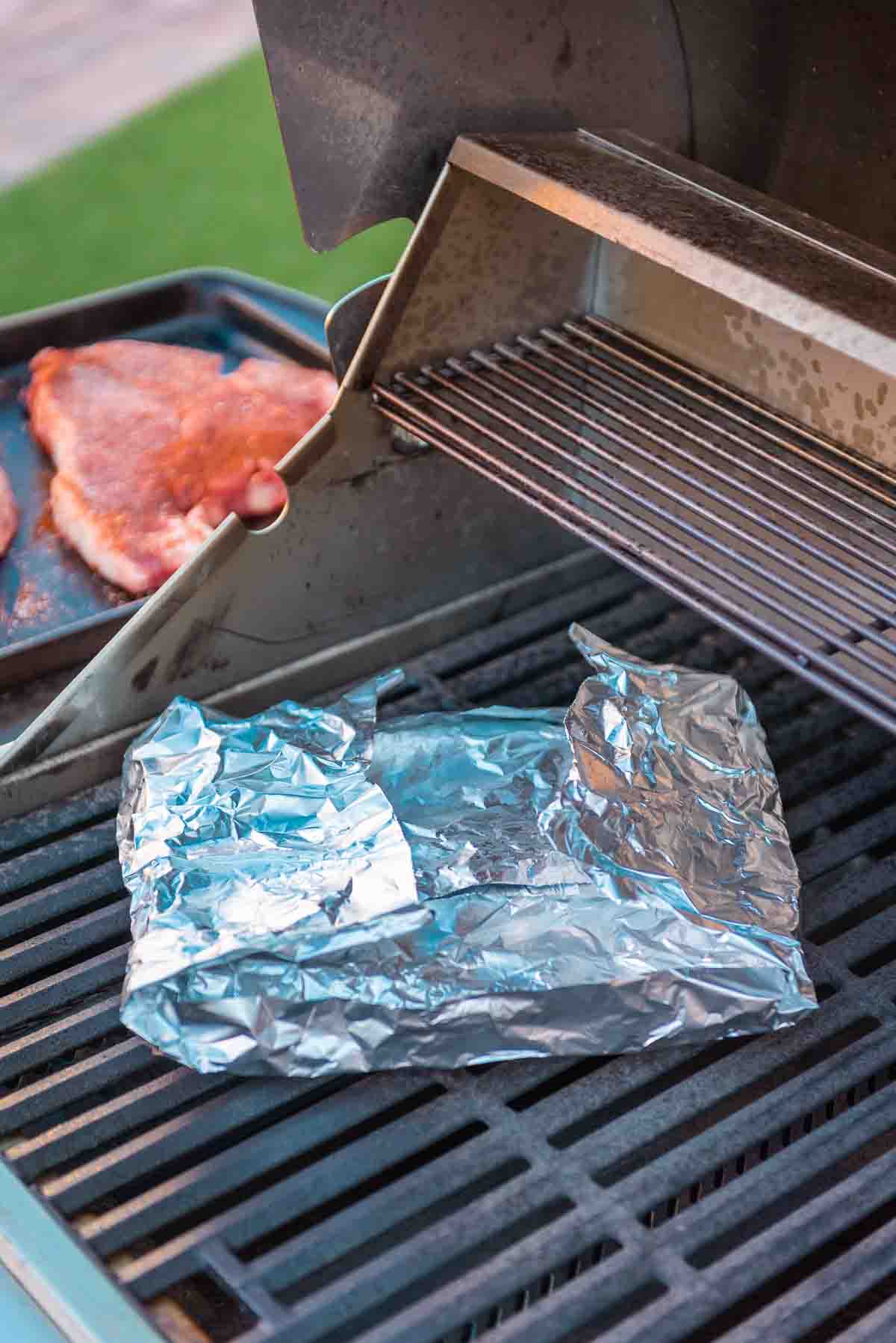 Foil packet and on the grill. 