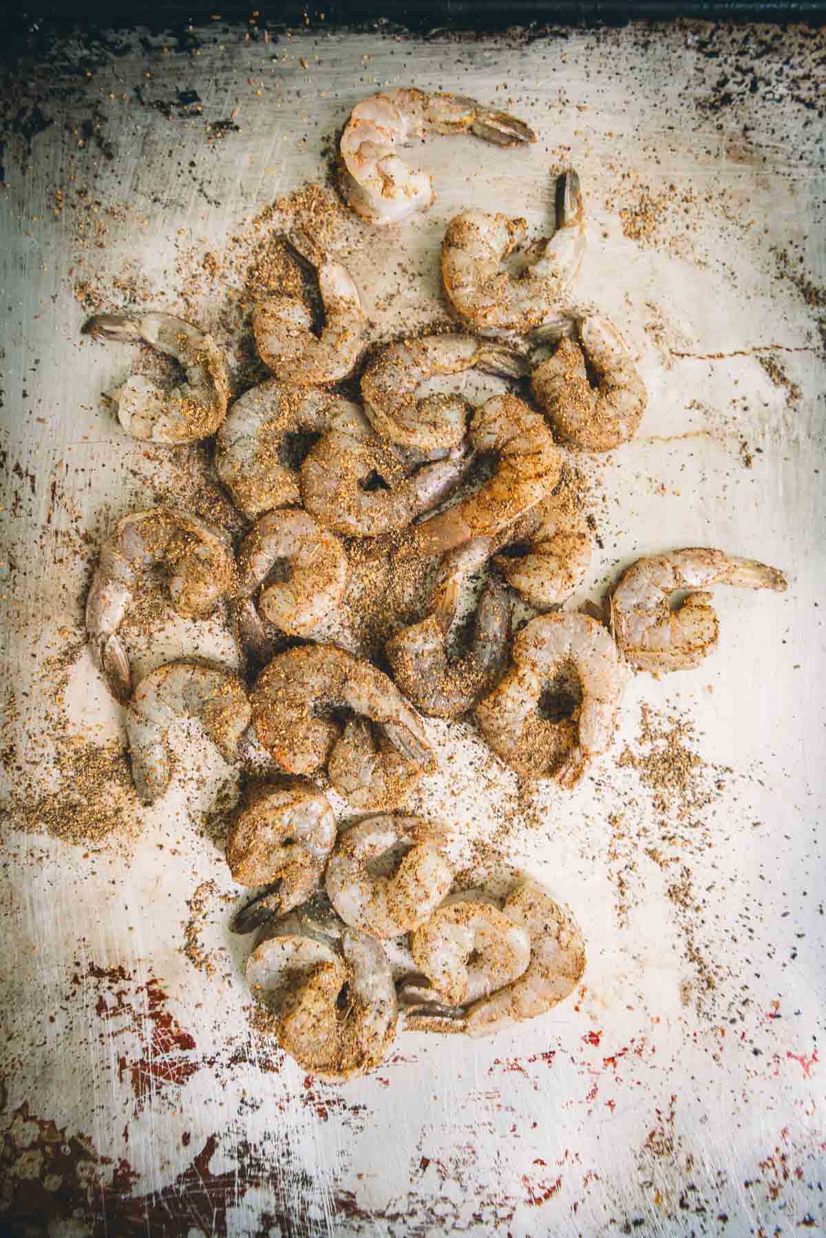 Raw shrimp seasoned with Creole spice blend. 