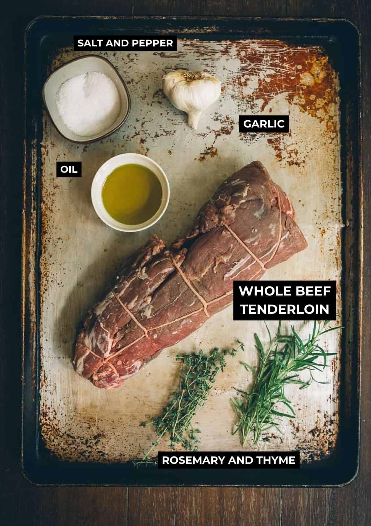 Ingredients on a table for this grilled beef tenderloin recipe.