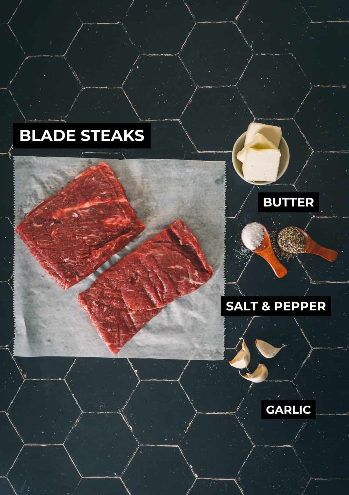 Ingredients for cooking blade steaks in cast iron.