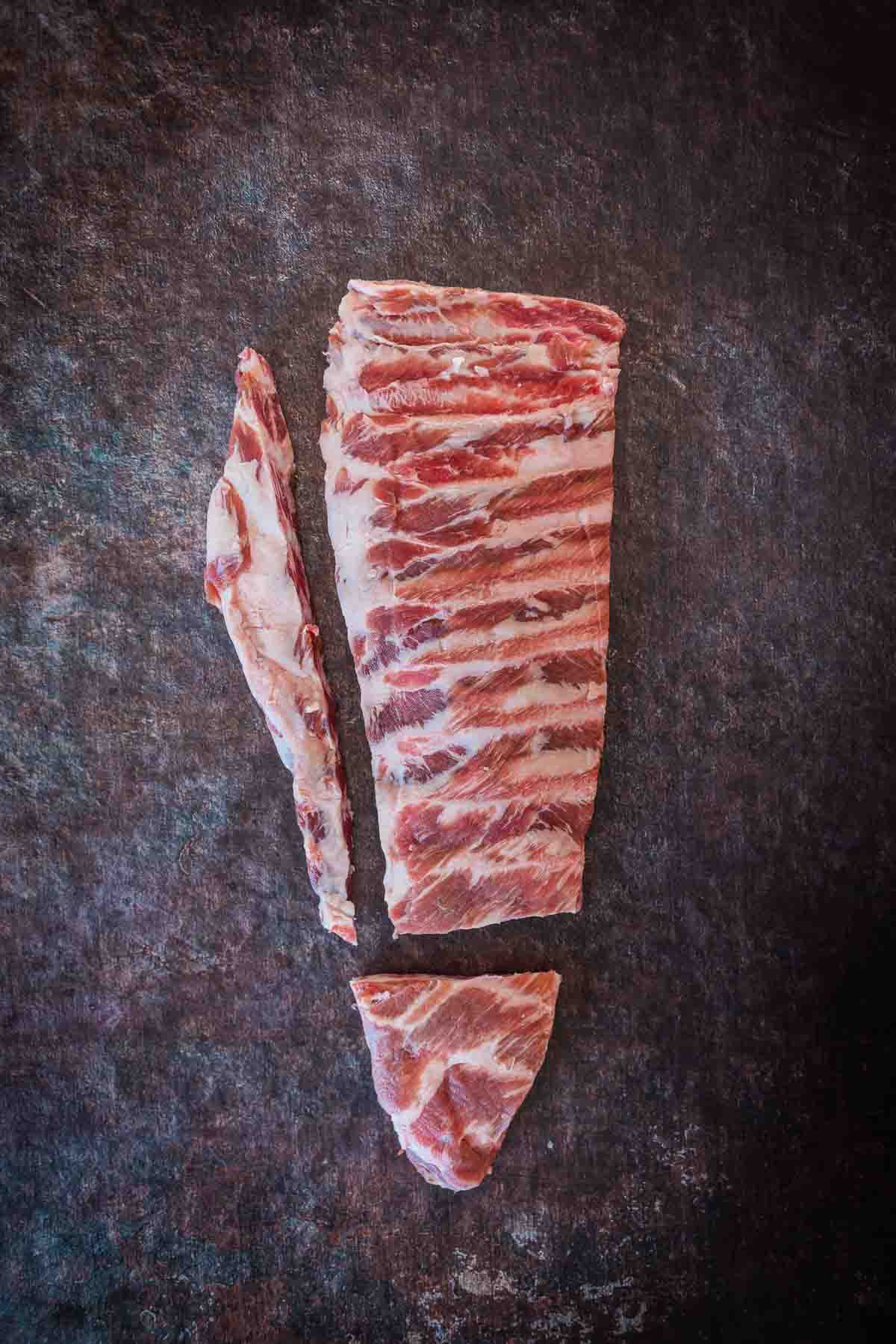 Rack of pork spareribs trimmed.