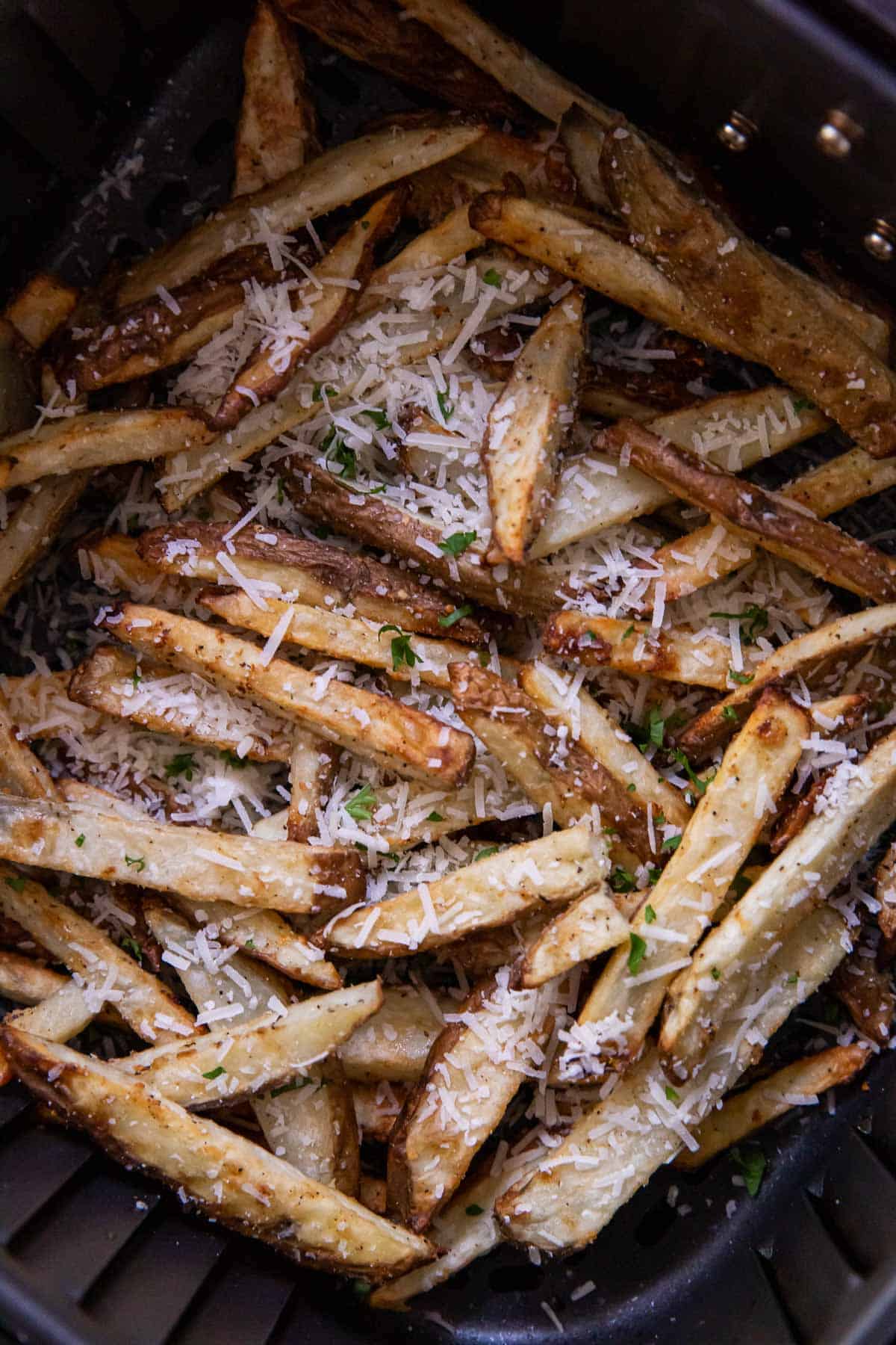 Golden fries n the basket sprinkled with cheese and minced parsley. 