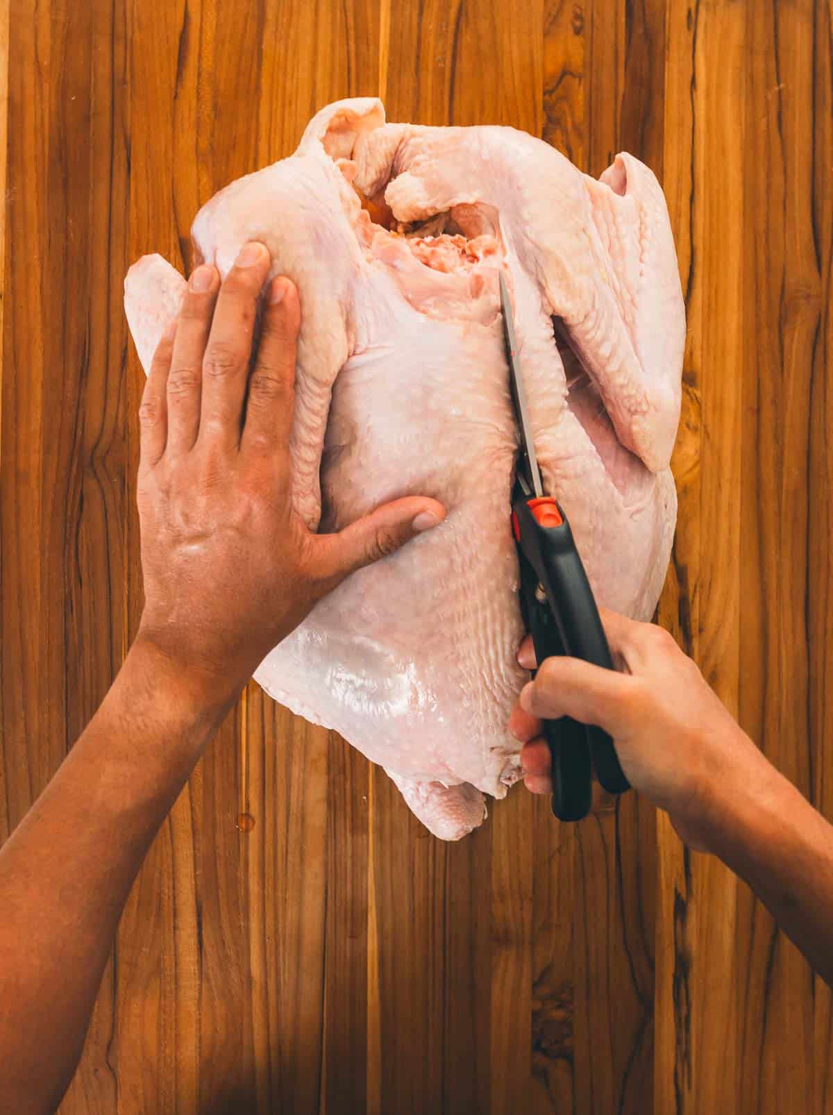 Cutting up the turkey to the neck.