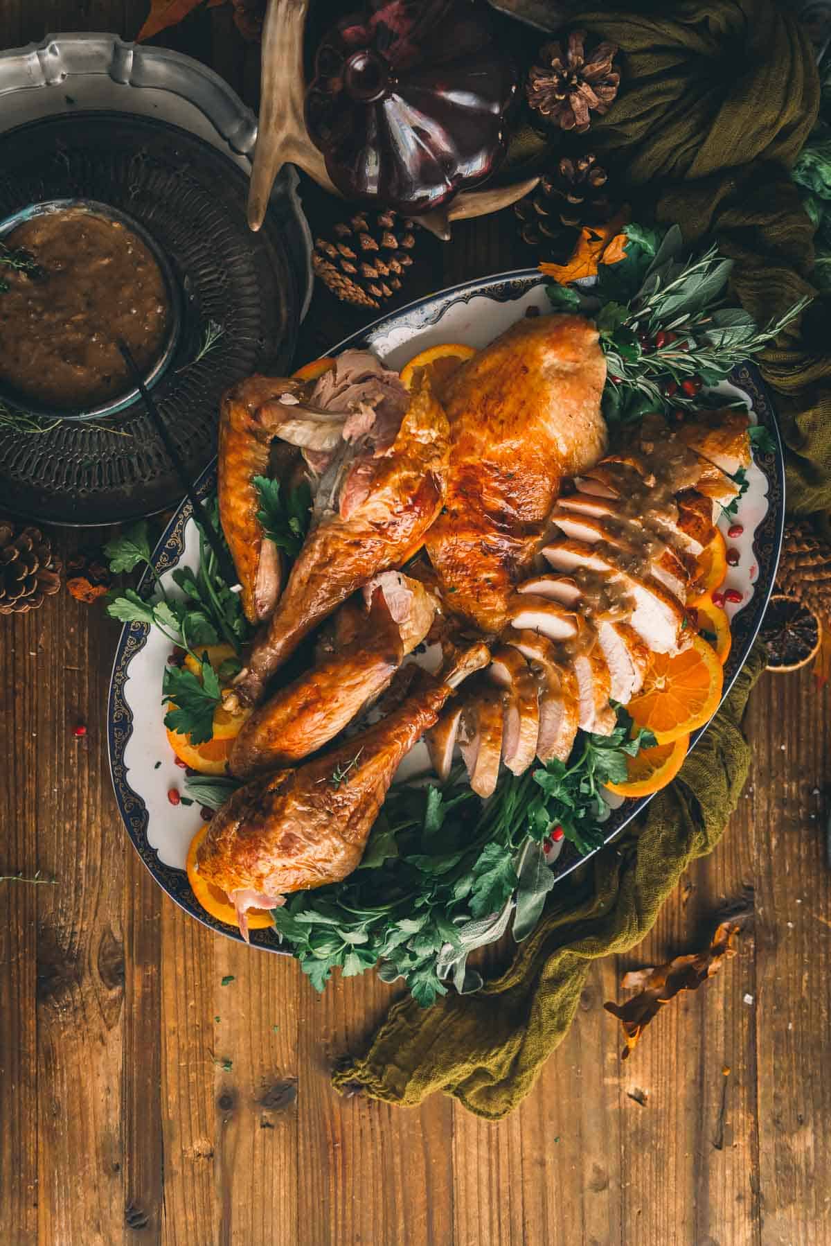 Carved turkey on platter.