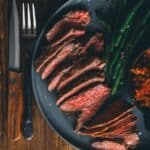 Sliced medium rare blade steak on a plate showing a rose-pink center.