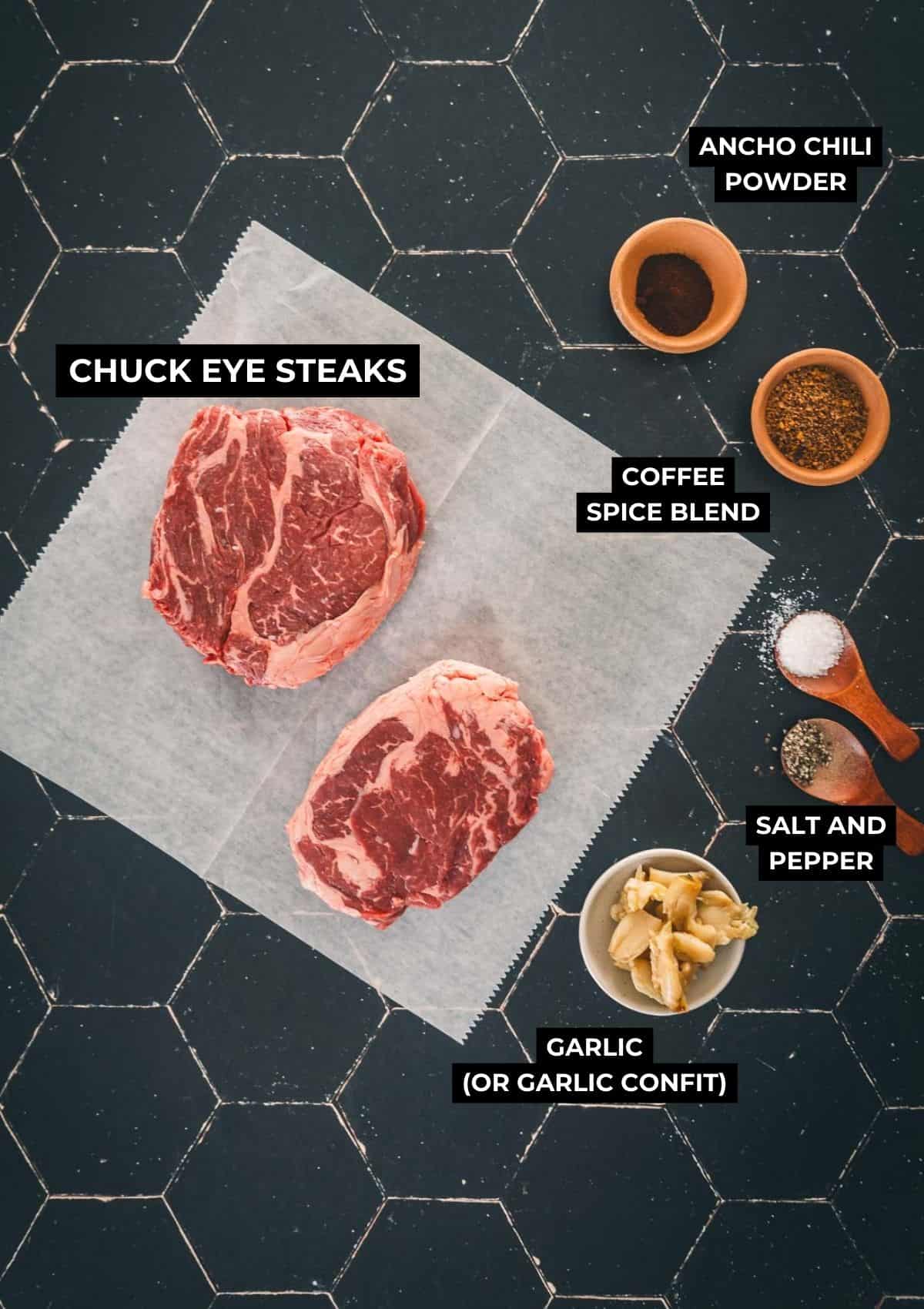Ingredients for sous vide chuck eye steaks.